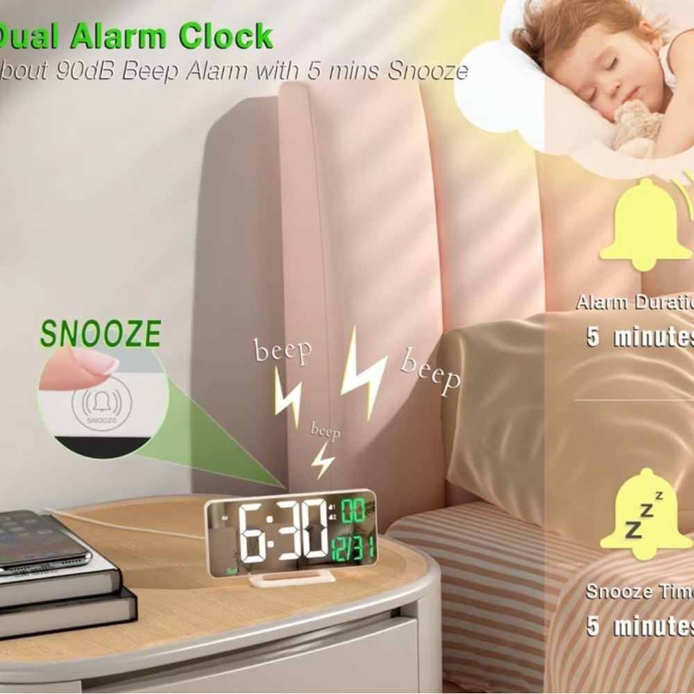 Modern 6.7” LED Digital Mirror Alarm Clock, Retro Date & Temperature Display